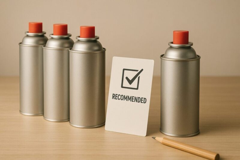 複数のカセットボンベの中から推奨品を選び、安全性を確認しているイメージ。