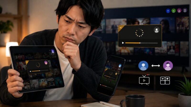 複数の端末で動画配信の再生状態を確認し、広告が表示される原因を調べる男性。