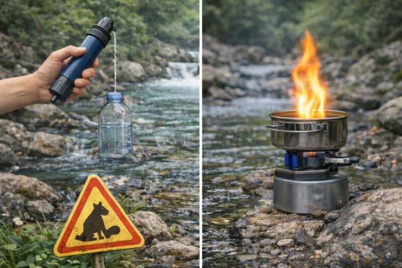 見た目はきれいでも慎重に扱いたい沢水と煮沸準備のイメージ