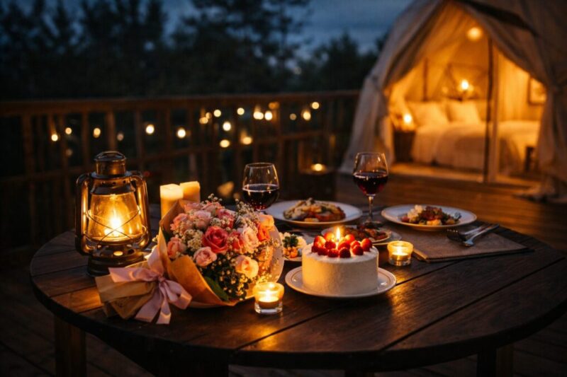 記念日向けの宿泊プランを連想させる、花束とディナーが用意されたグランピングデッキ