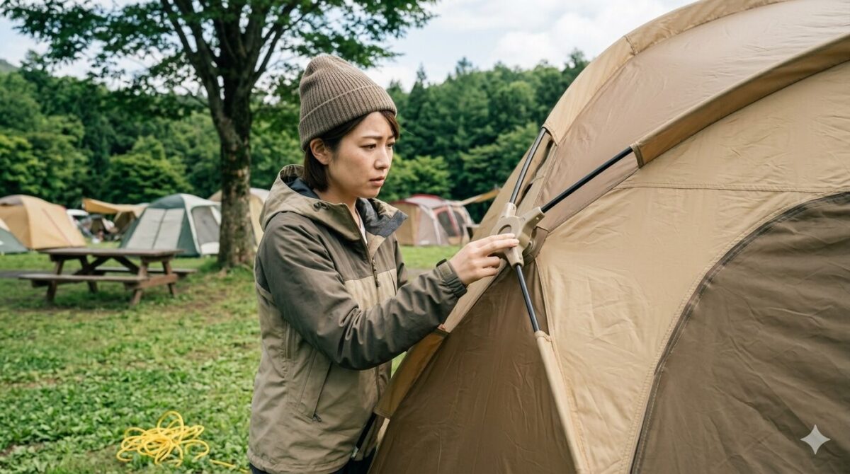 設営したばかりの薄茶色のワンタッチテントのジョイント部分を心配そうな表情で点検している様子を捉えた169の写真。