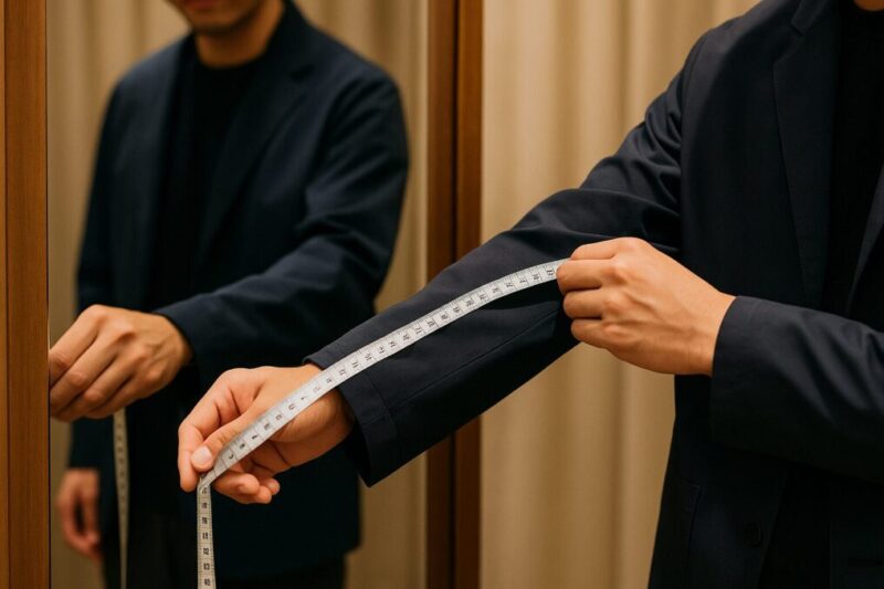 試着室で鏡越しに肩幅・袖丈を確認するイメージ