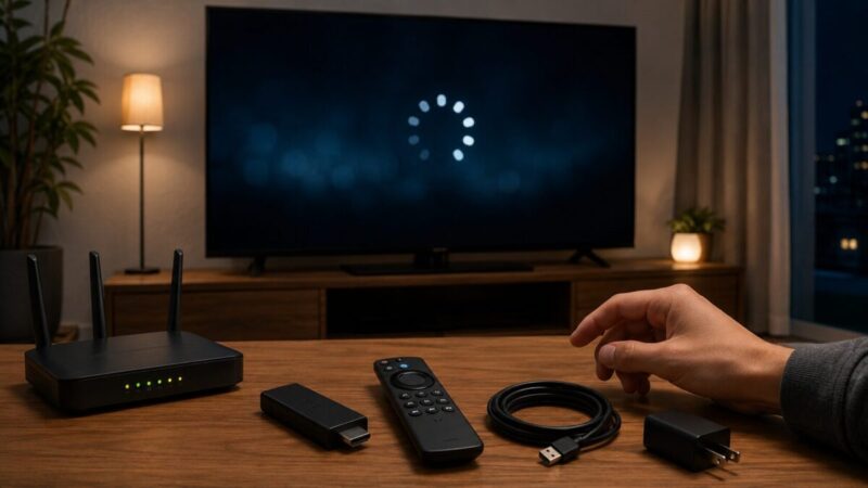 読み込み中のテレビ画面を前に、Wi-Fiルーターやストリーミング端末、リモコン、給電ケーブルを確認する様子