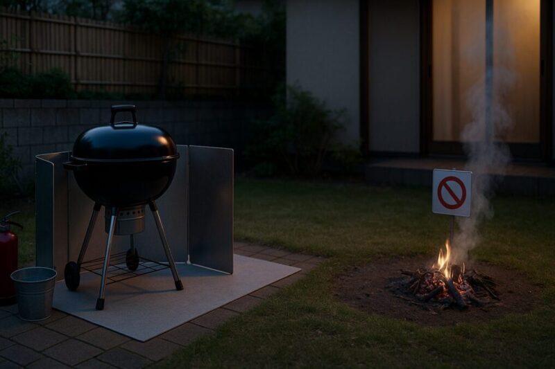 調理目的のグリルと、禁止される野焼きの対比イメージ。