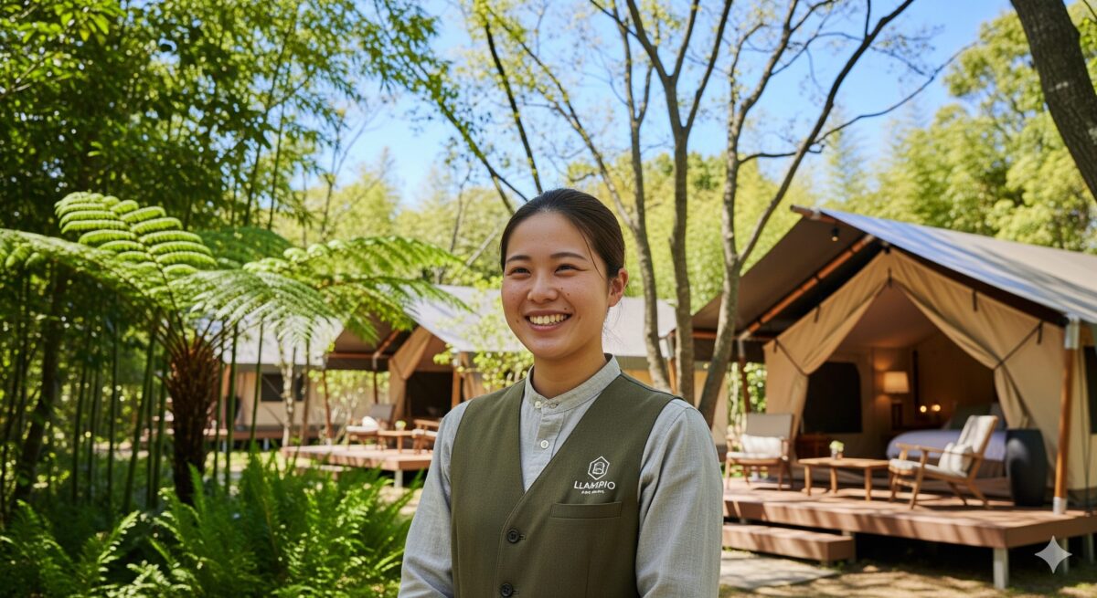 豊かな緑に囲まれたおしゃれなグランピング施設で、爽やかな笑顔を浮かべて働く日本人のスタッフ
