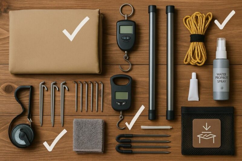 購入前チェックの要点を示す静物——タープ本体の体積、重量確認用はかり、反射ロープ・鍛造ペグ・ポール・撥水剤・シームシーラー・乾燥用メッシュバッグのフラットレイ。