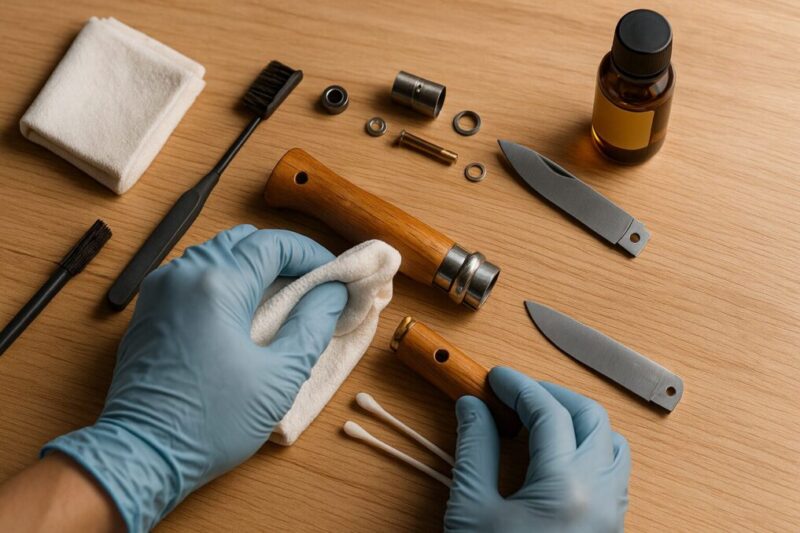 購入直後の折りたたみナイフを分解し、綿棒と布で部品を丁寧に清掃している初期メンテ作業の写真。