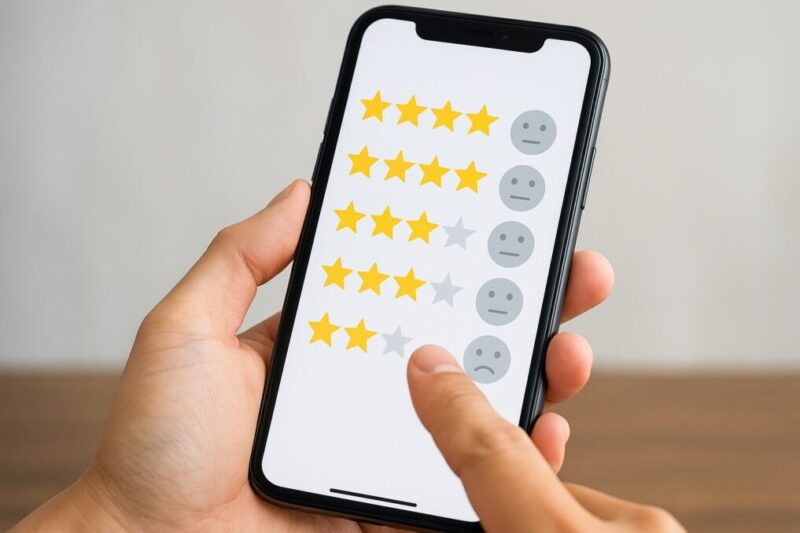 購入者レビューをスマートフォンで確認する手元のイメージ