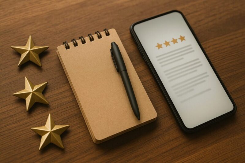 購入者レビューを連想させる星とメモ帳、スマホの静物イメージ