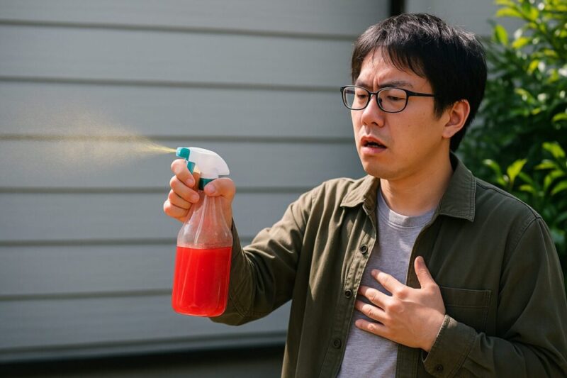 赤い液体の入ったスプレーボトルを試し噴きし、不安そうな表情を浮かべる日本人男性の様子。自作唐辛子スプレーの危険性をイメージした写真。