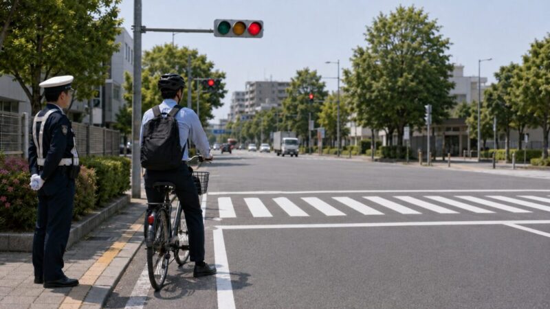 赤信号の交差点で左端に停止し交通ルールを守る自転車利用者と見守る警察官