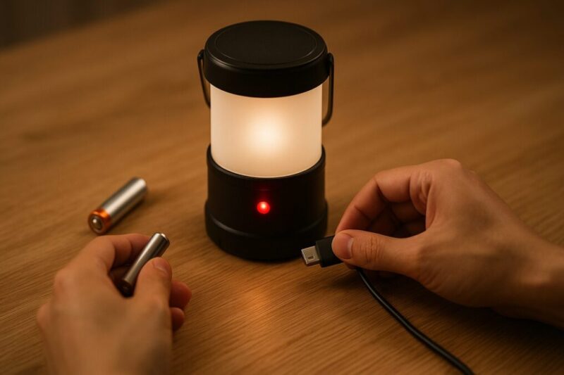 赤点滅する無地ランタンと、電池・USBケーブルを手元で差し替えて原因を切り分けているイメージ。