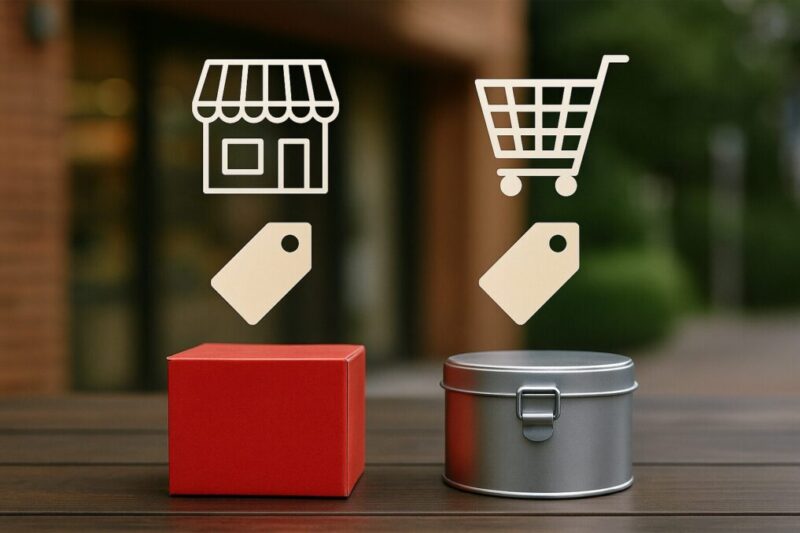 赤箱と金属缶を屋外テーブルに並べ、店頭と通販を連想させるシンプルな購入イメージ。