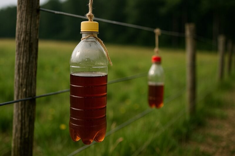 赤茶色の液体を入れたペットボトルが牧草地のフェンスにぶら下がる、自作ペットボトル熊よけのイメージ写真