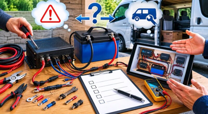 走行充電器の取り付けを自分で進めるか、専門業者へ相談するかを考える場面のイメージ