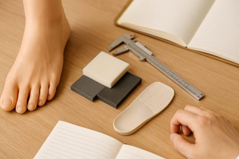 足の模型とクッション材で室内サンダルの選び方を示すイメージ