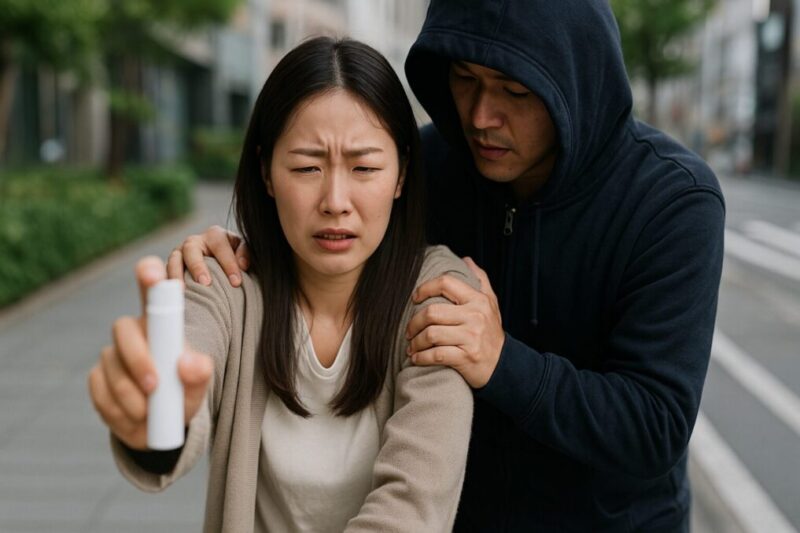 路地で肩をつかまれた日本人女性が無地の防犯スプレーを構えている緊迫した場面