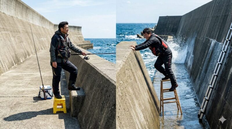 踏み台の使用事例と危険な状況の対比。