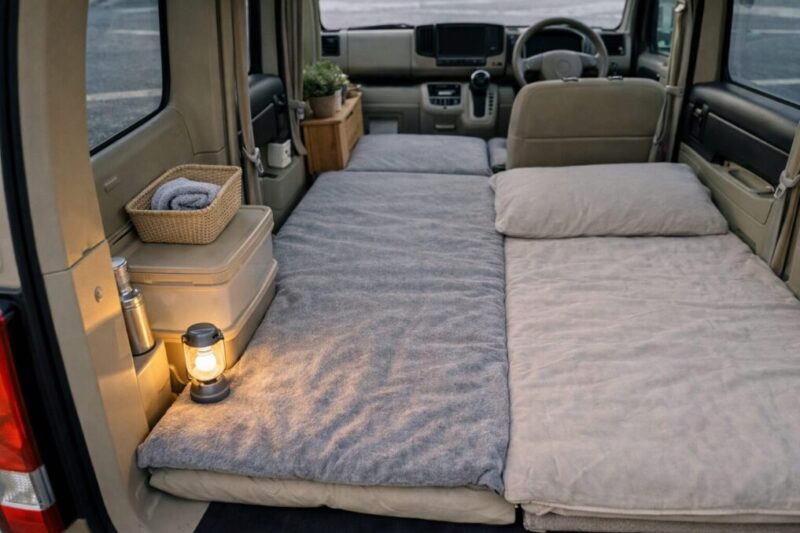 身近な用品で快適に整えた女子向け軽自動車車中泊の車内