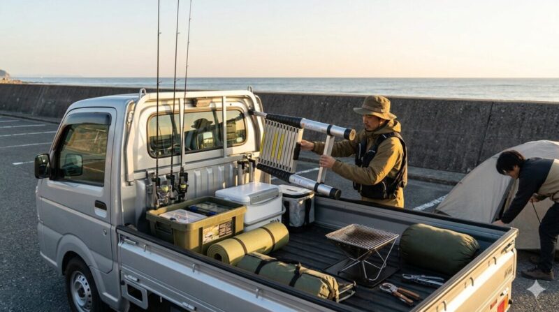 車の荷台にはしごやキャンプ道具を積む様子。