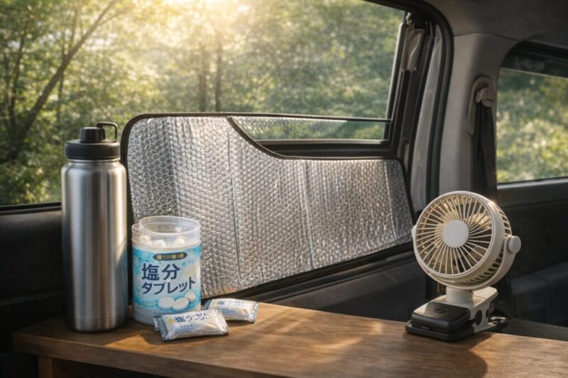 車中泊でバッテリー上がりや熱中症を防ぐための対策イメージ