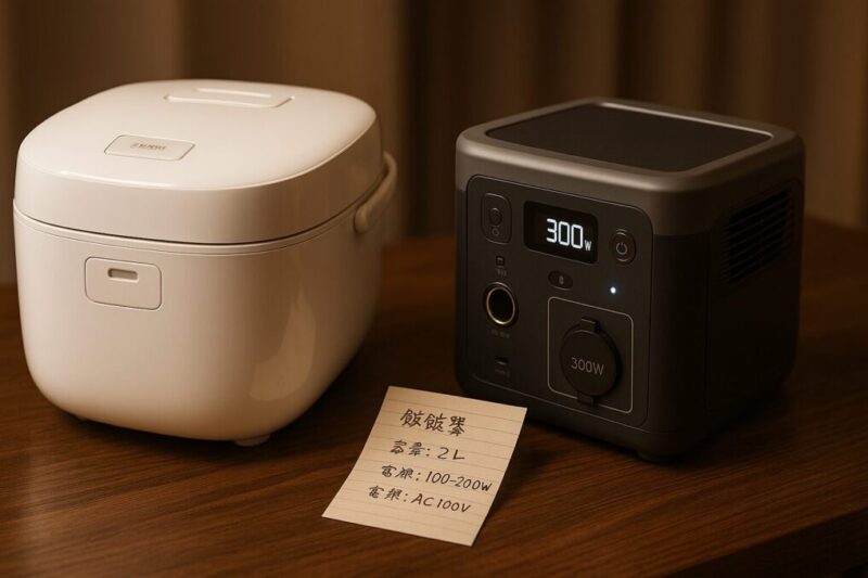 車中泊で使える炊飯器の条件を消費電力や容量メモと一緒に確認している様子。