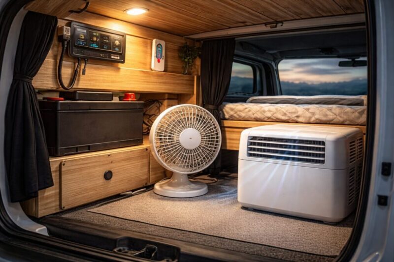 車中泊で冷房用の電力を考えるための電装設備がまとまったイメージ