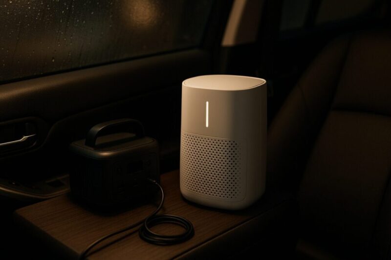 車中泊で小型除湿機を使うために電源と設置場所を確認しているイメージ。