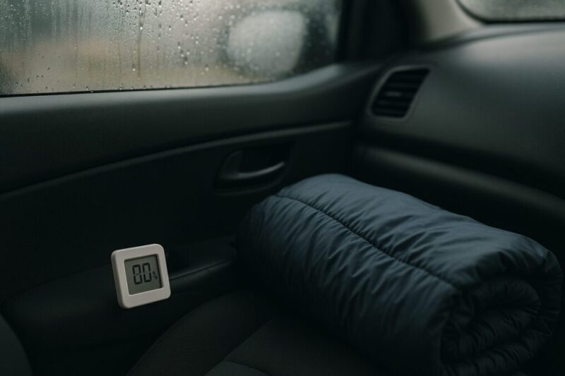 車中泊で湿度が高いと寝具がジメつき結露が増える状況のイメージ。