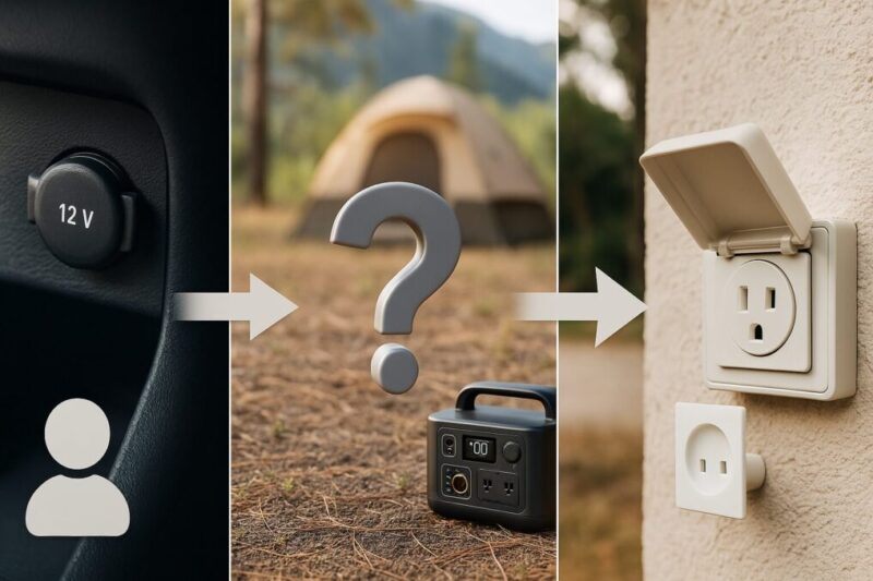 車中泊で炊飯器に使える電源方式をシガーソケット・ポータブル電源・外部電源で比較するイメージ。