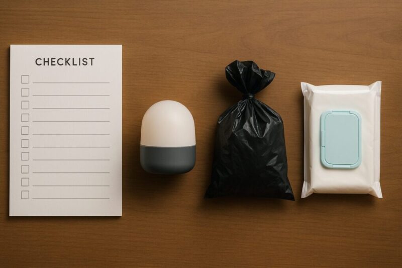 車中泊のマナーに必要な備えをまとめたチェックリスト風の静物