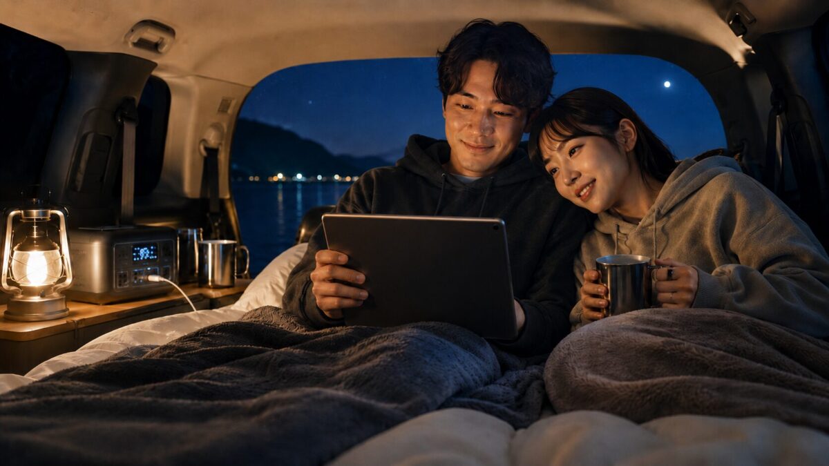 車中泊の夜、ベッドスペースでタブレットの動画を楽しむカップル