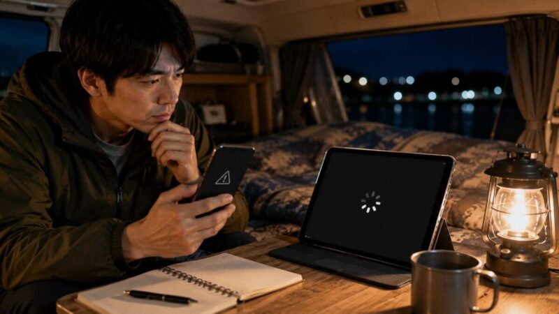 車中泊の夜にスマホの警告表示とタブレットの読み込み画面を確認する男性