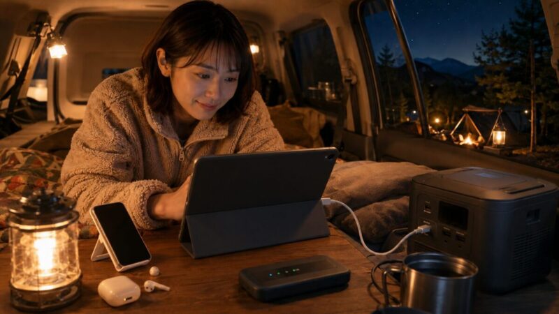 車中泊の夜にタブレットで動画を楽しみながら、ポータブル電源で機器を充電する女性
