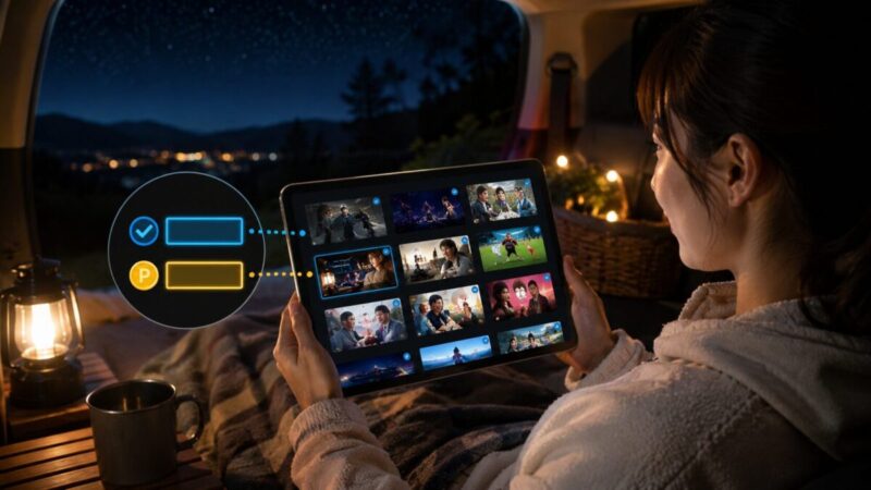 車中泊の夜にタブレットで配信作品を選び、見放題と追加料金の違いを確認する女性