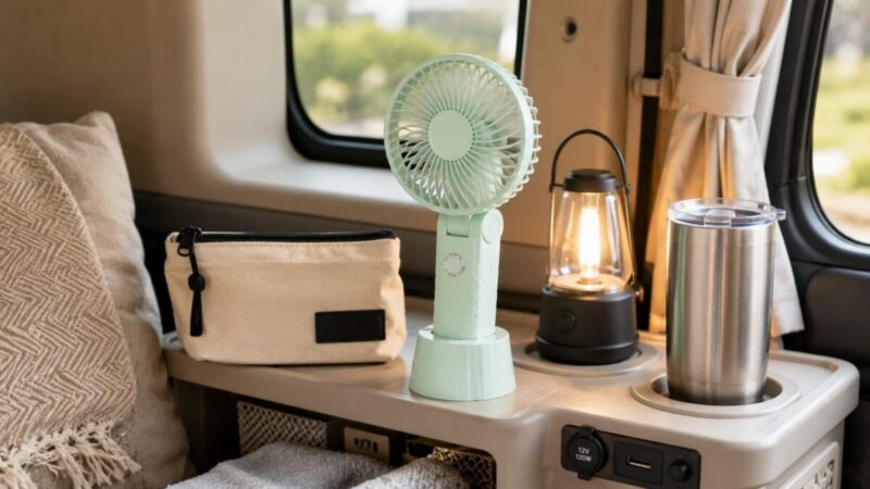 車中泊の小物置きで卓上使用しているコンパクトなハンディファン