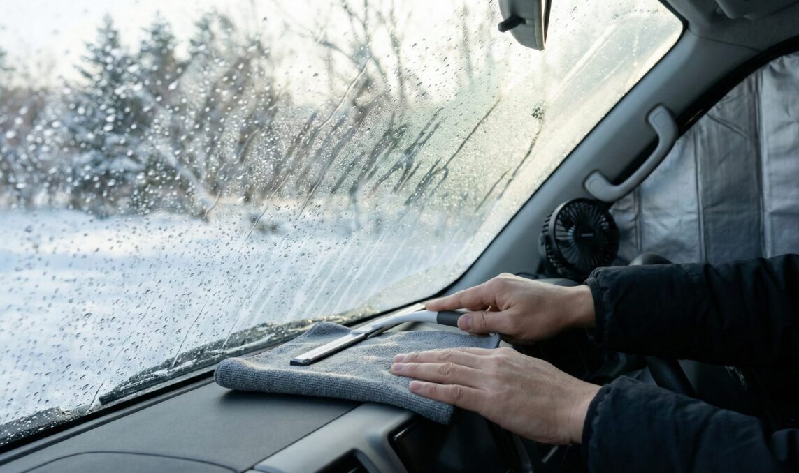 車中泊の結露をタオルとワイパーで素早く拭き取り、換気と除湿も併用するイメージ。
