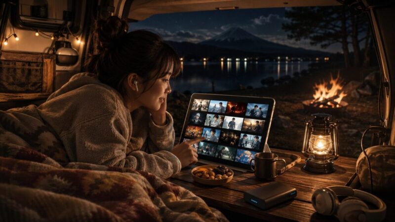 車中泊の車内でタブレットの作品一覧を見ながら夜の動画鑑賞を楽しむ女性