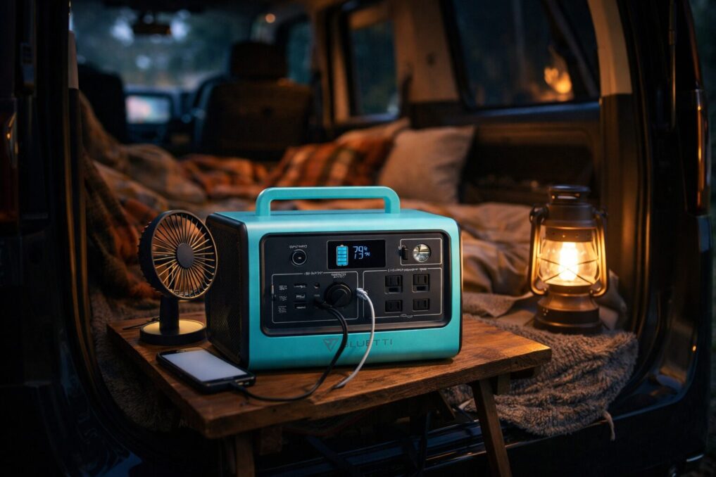 車中泊の車内でポータブル電源からランタンと小型扇風機へ給電しているイメージ