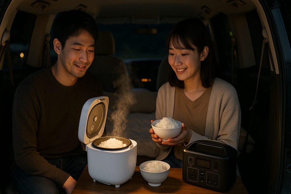 車中泊の車内でミニ炊飯器とポータブル電源を使ってあつあつのご飯を楽しむイメージ。