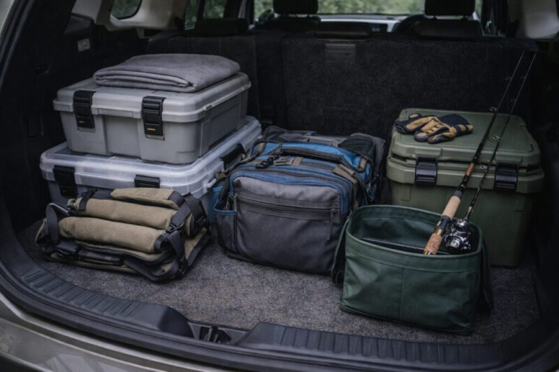 車中泊や釣りの荷室装備を、用途別に整理して配置しているイメージ