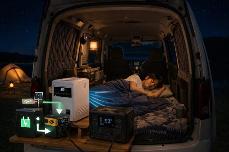 車中泊クーラーとポータブル電源を組み合わせて使うイメージ