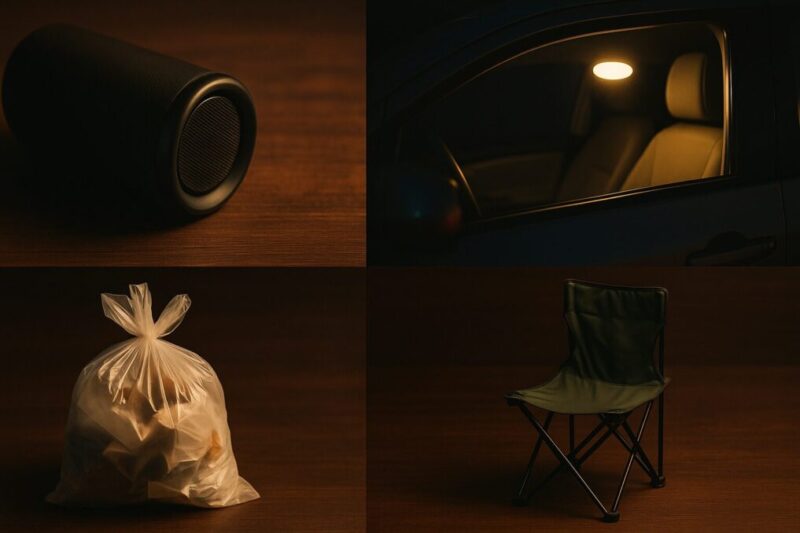 車中泊トラブルの原因になりやすい音・光・ゴミ・占有を示すイメージ