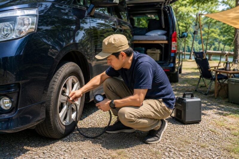 車中泊前に車のタイヤ空気圧を確認する様子
