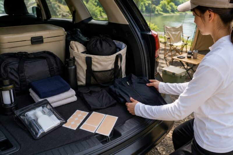 車中泊旅でプールや温泉に備えてラッシュガードとタトゥー隠し用品を準備するイメージ