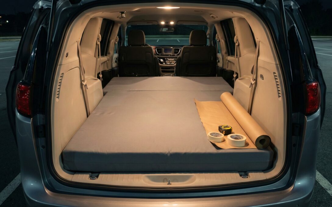 車中泊用の自作マットと型取り道具を並べた快眠準備のイメージ。