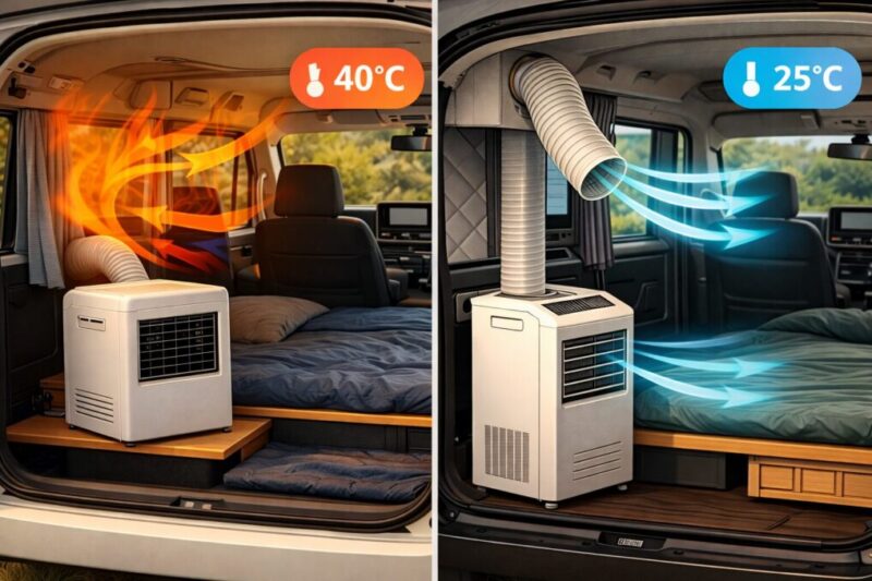 車中泊用クーラーの排熱方法によって冷え方が変わる様子を示したイメージ
