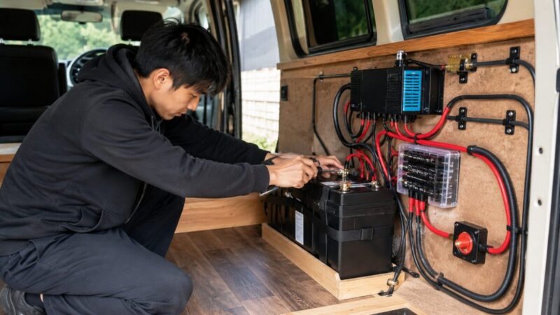 車中泊用バンの車内でサブバッテリーと走行充電器を取り付けている様子