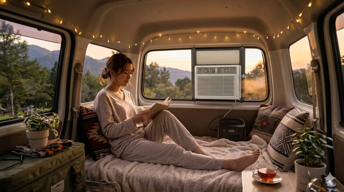 車内で、一人の女性がリラックスして本を読んでいる。窓には小型のポータブルエアコンが設置され、車外へ排気している様子。