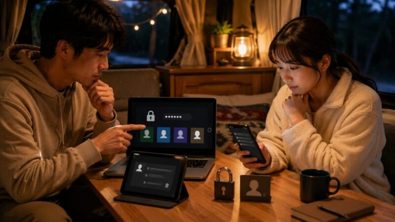 車内のテーブルで2人がスマホとパソコンを使い、動画配信サービスのプロフィールやパスワード設定を確認している様子